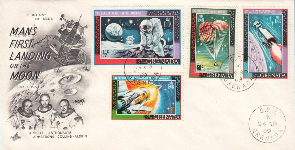 Ruimtevaart blanco FDC Maanlanding 1969 uit Grenada, Ophalen of Verzenden, Envelop