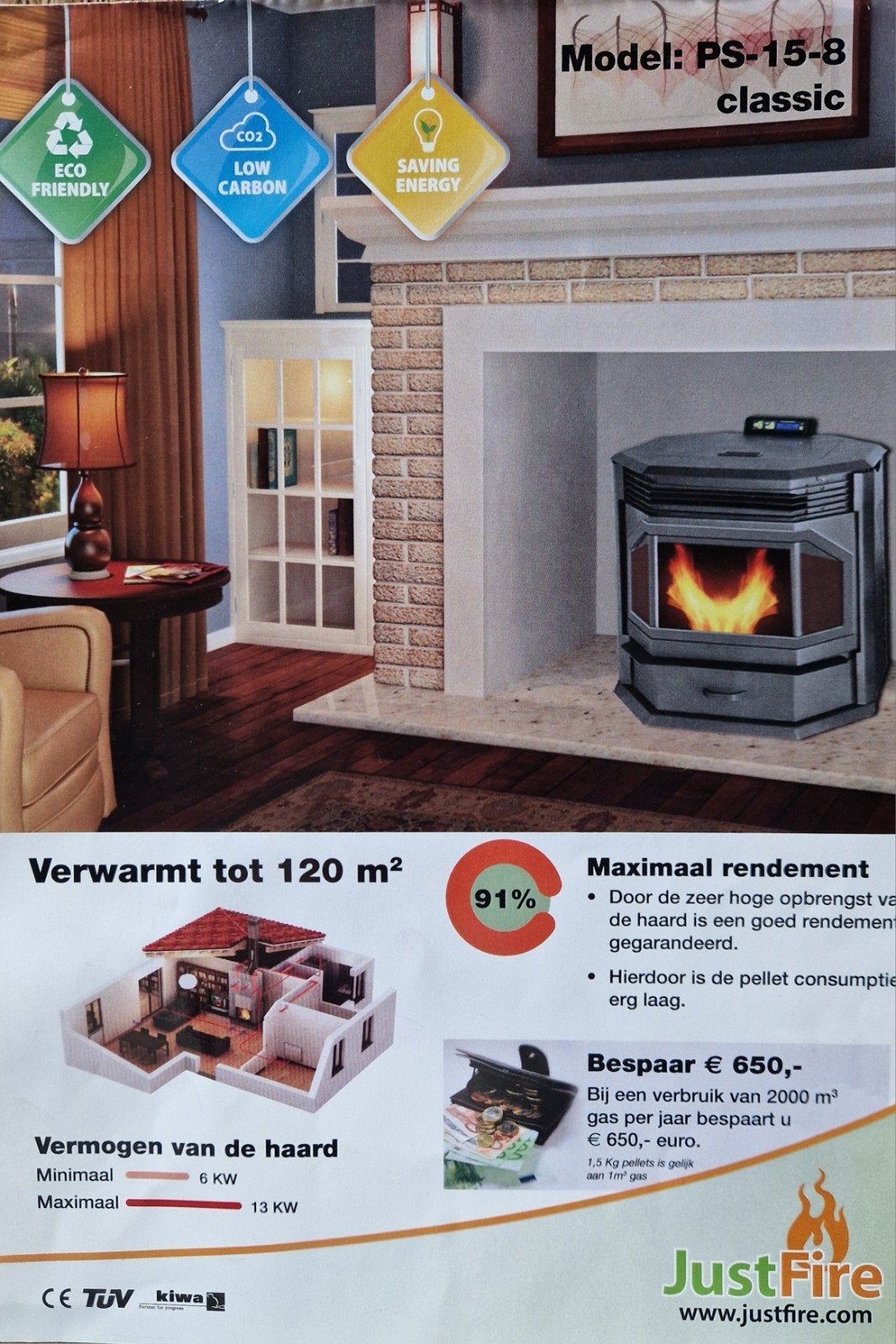 Palletkachel Justfire PS-15-8 Classic 13KW, Ophalen, Gebruikt, Houtkachel, Vrijstaand