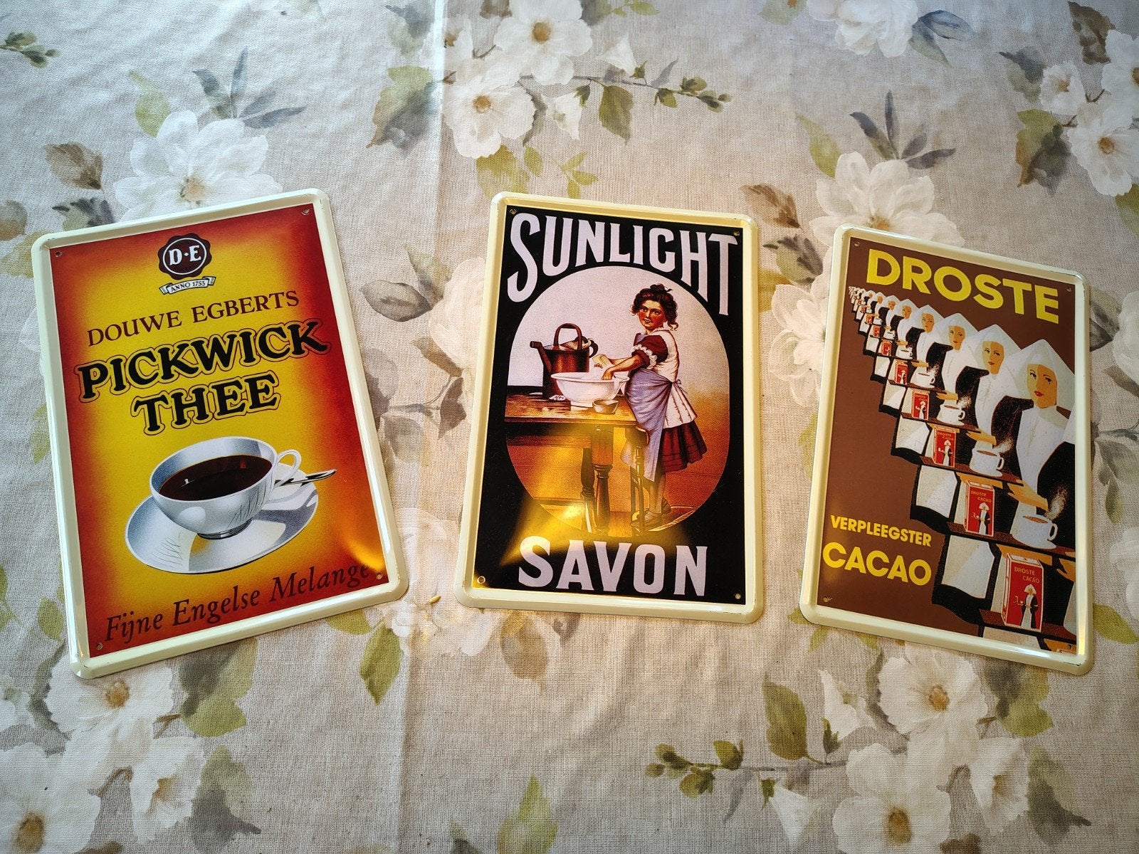 Set van 3 emaille reclameborden: Sunlight, Droste, Pickwick, Ophalen of Verzenden, Zo goed als nieuw