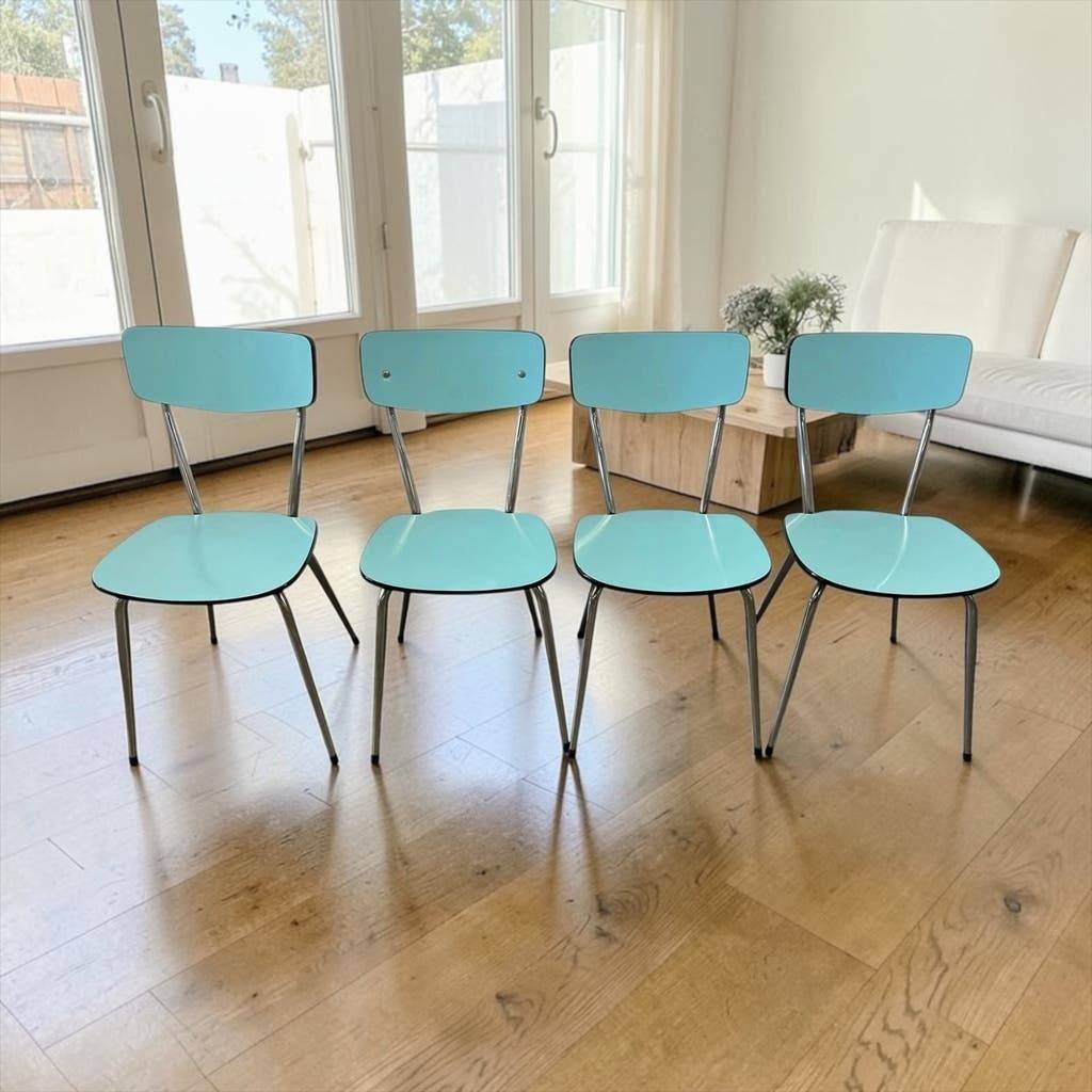 Set van 4 vintage hemelsblauwe formica stoelen/keukenstoelen, Ophalen