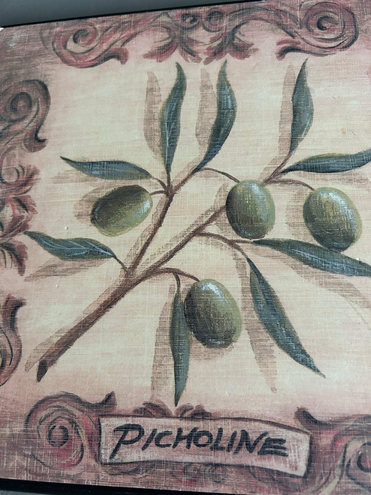 Wanddecoratie Picholine' met olijftak, ingelijst, Doek, Realistisch, Ophalen of Verzenden, Olieverf