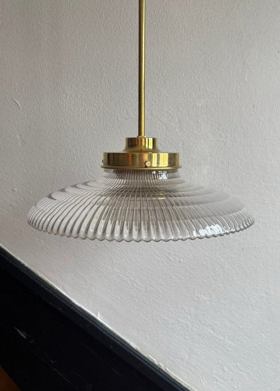 XL Vintage hanglamp holophane glas streep ribbel rond, Huis en Inrichting, Lampen | Hanglampen, Ophalen of Verzenden, Nieuw, Glas