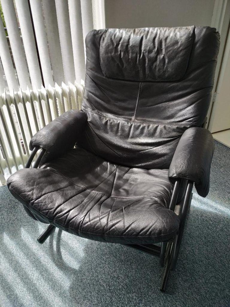 Zwart leren fauteuil, Ophalen, Gebruikt, Minder dan 75 cm, Leer