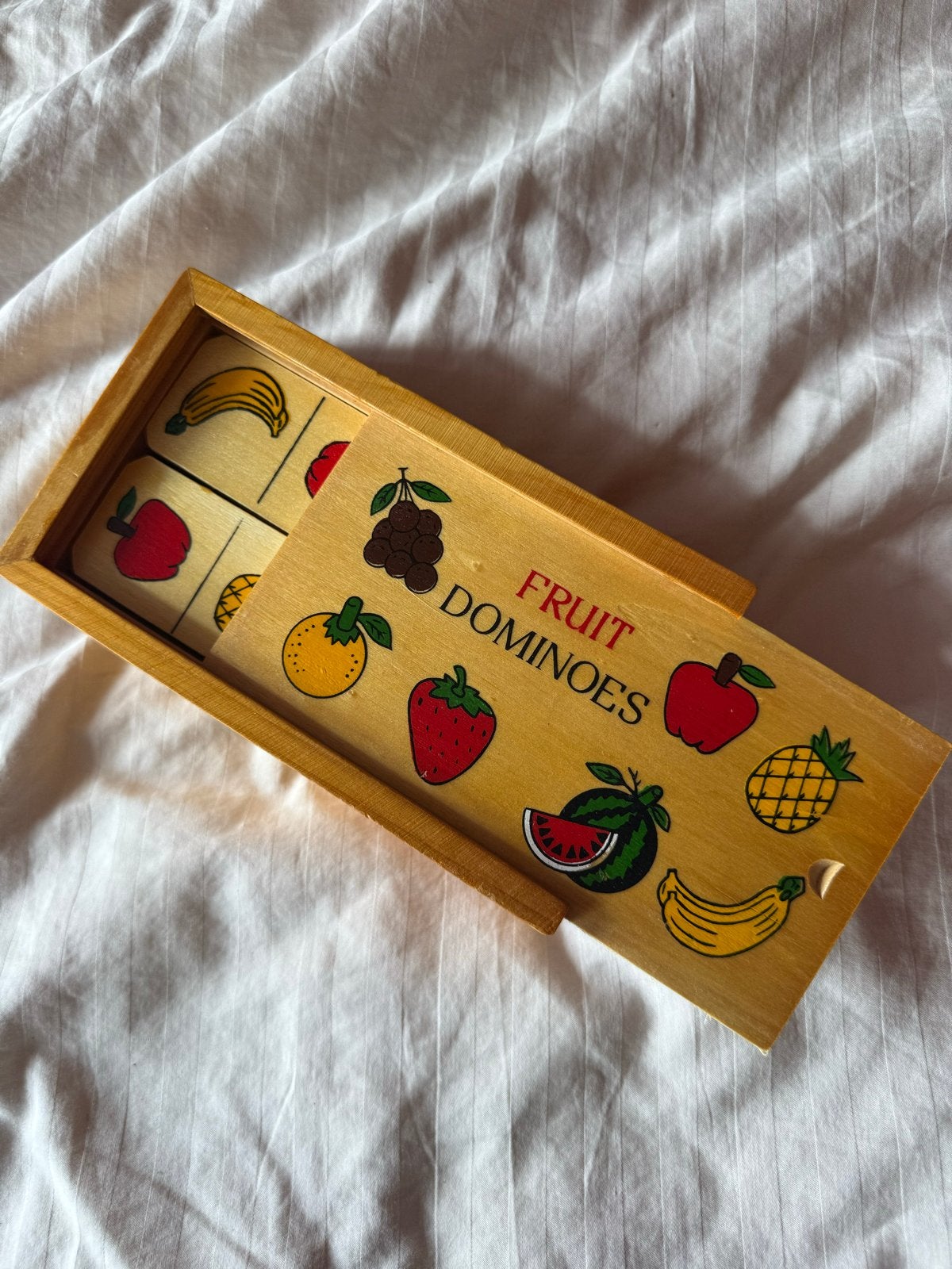 Vintage Houten Fruit Domino Spel in Schuifdoos, Ophalen of Verzenden, Gebruikt