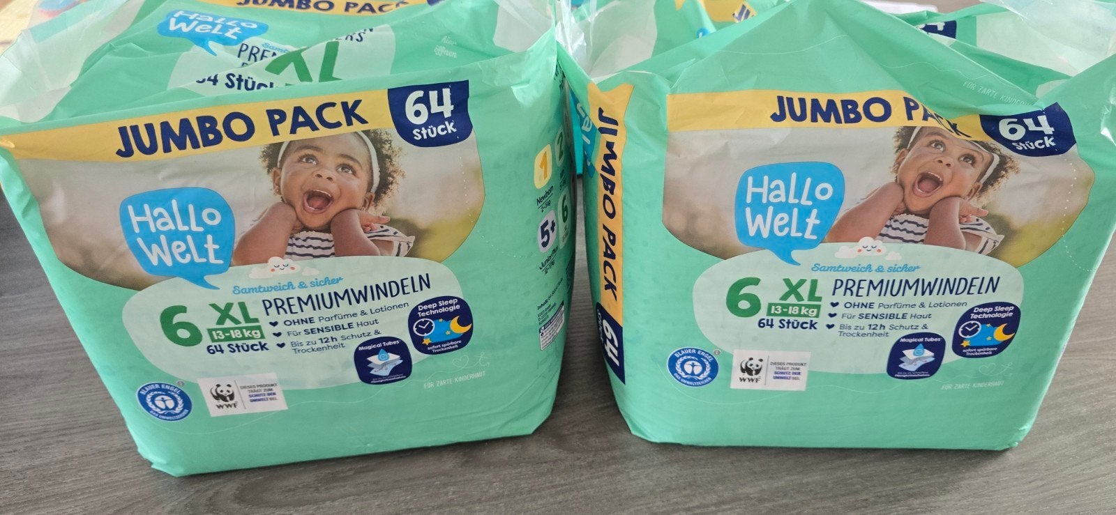 Hallo Welt Premium Luiers Maat 6 XL Jumbo Pack (2x64 stuks), Ophalen of Verzenden