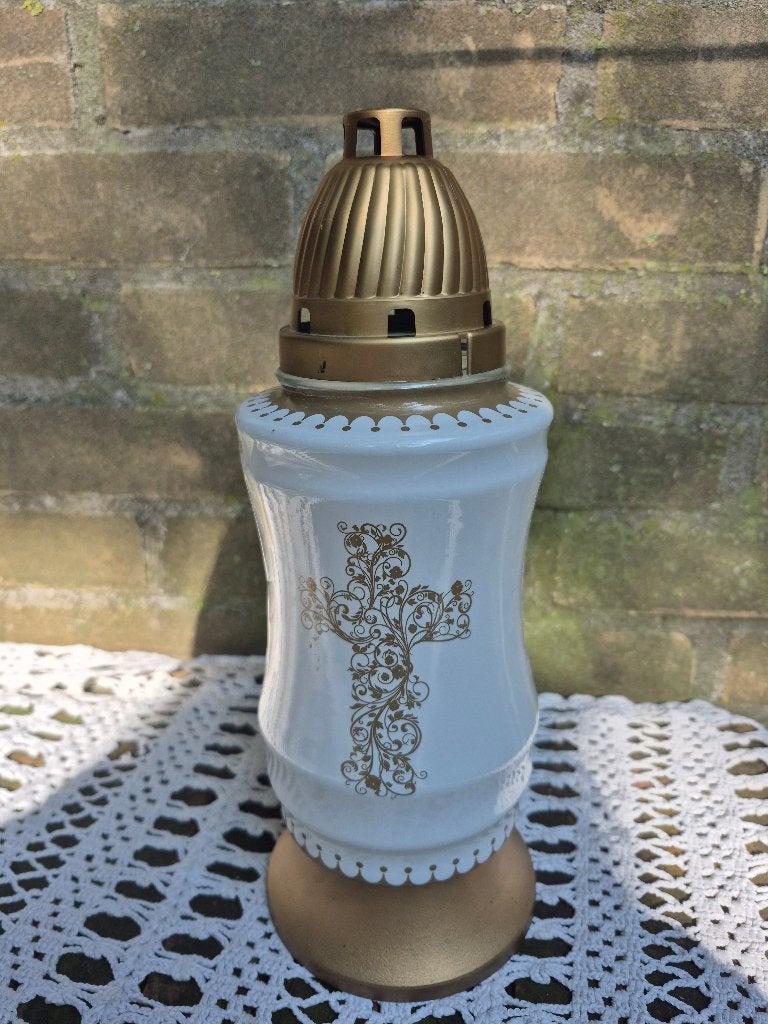 Bolsius lantaarn met gouden kruis - Gebruikt, Overige materialen, Gebruikt, Lantaarn, Ophalen of Verzenden