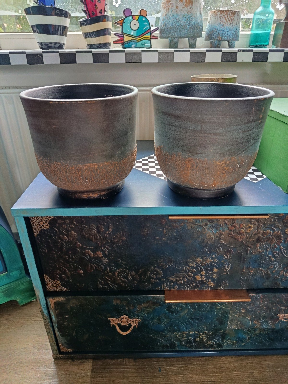 2 prachtige grote plantenpotten 20 cm hoog en breed, Ophalen, Rond, Binnen, Zo goed als nieuw