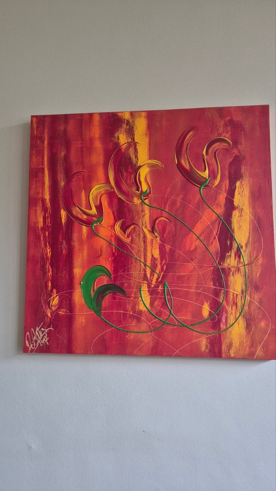 Abstract schilderij met bloemmotief, Ophalen of Verzenden