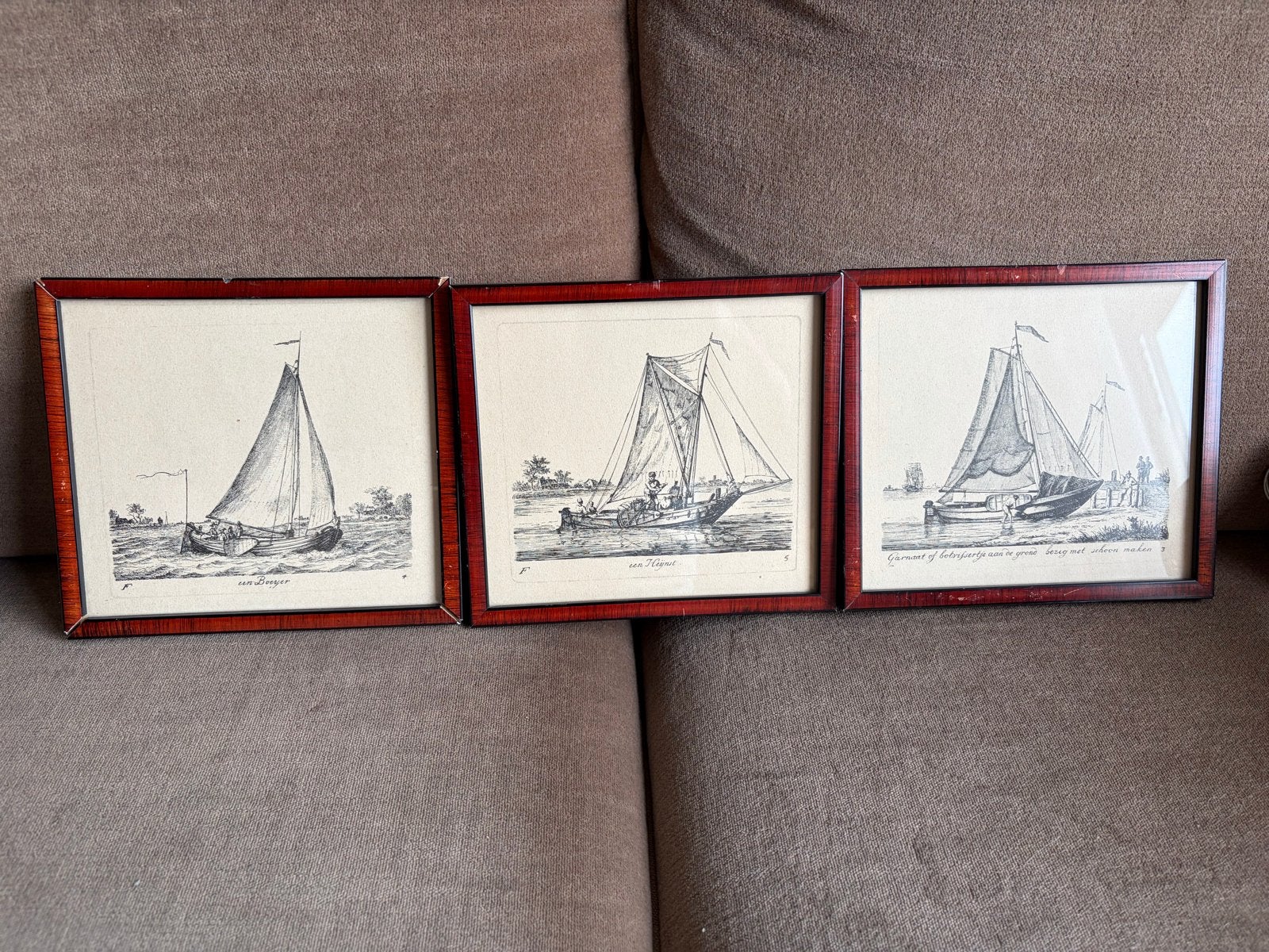 Set van 3 ingelijste etsen van zeilschepen, Antiek en Kunst, Ophalen, Ingelijst, Ets, Landschap