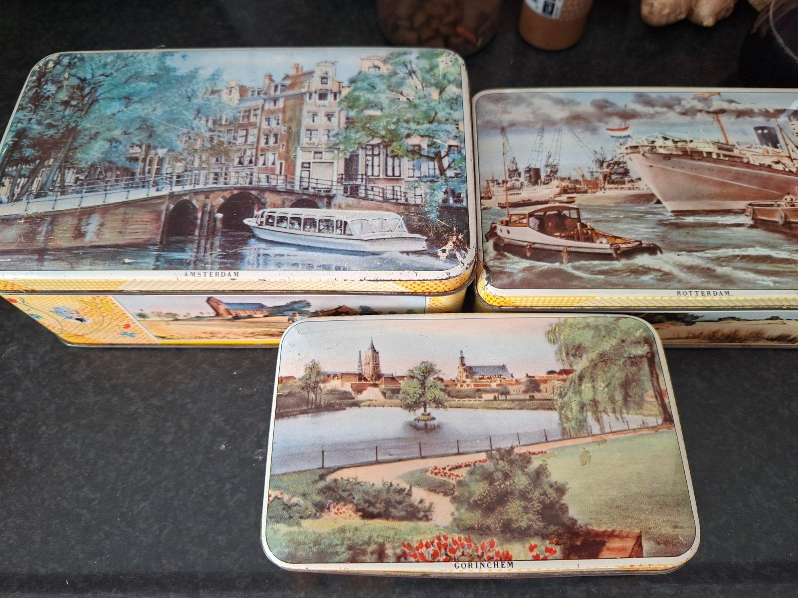 Retro Souvenir Blikkenset - Amsterdam, Rotterdam, Gorinchem, Verzamelen, Ophalen of Verzenden, Gebruikt, Overige, Overige merken