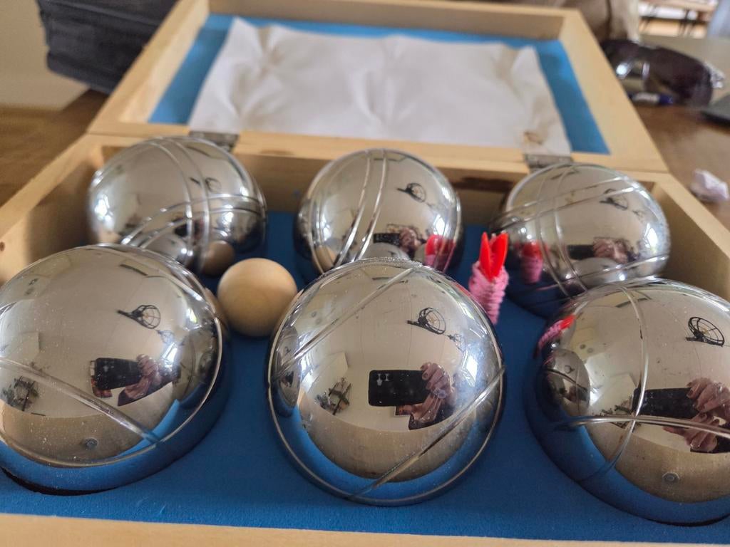 Boules set met 6 metalen ballen in houten kist, Ophalen of Verzenden, Gebruikt