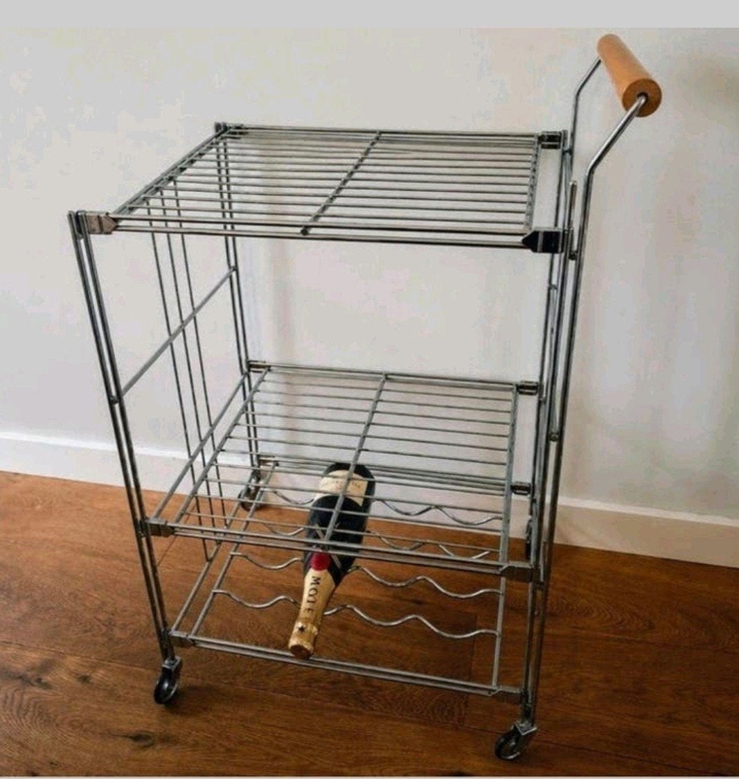 Vintage barkar / serveerwagen met wijnrek – chroom & hout, Huis en Inrichting, Ophalen, Gebruikt, Metaal