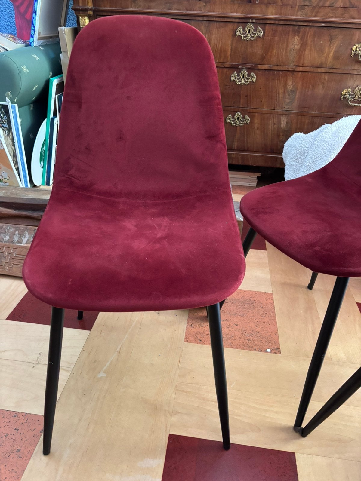 Drie leuke wijnrode (bordeaux rode) fluwelen stoelen, Ophalen, Gebruikt, Drie, Stof