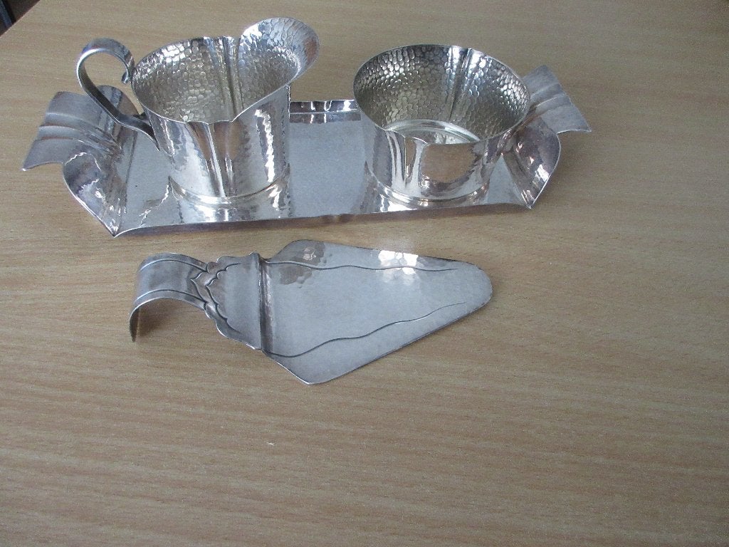 Verzilverd Art-Deco gehamerd Roomstel en taartschep Gero 90., Ophalen of Verzenden