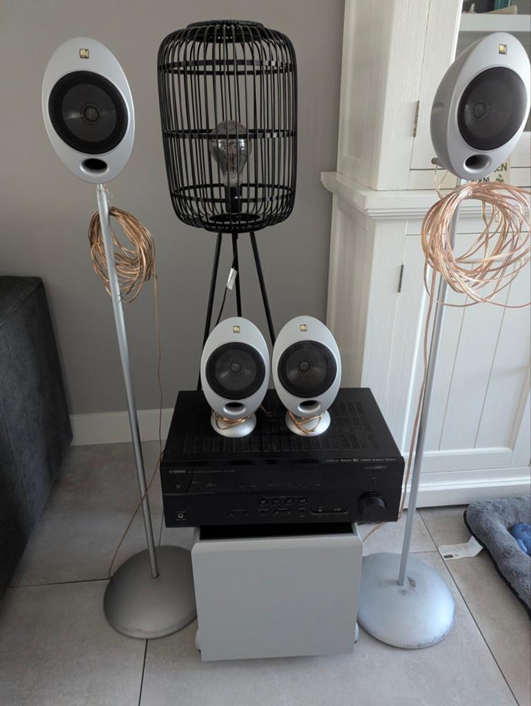 KEF E305 5.1 Surround Sound Systeem met Yamaha Receiver, Gebruikt, Complete surroundset, 120 watt of meer, Ophalen