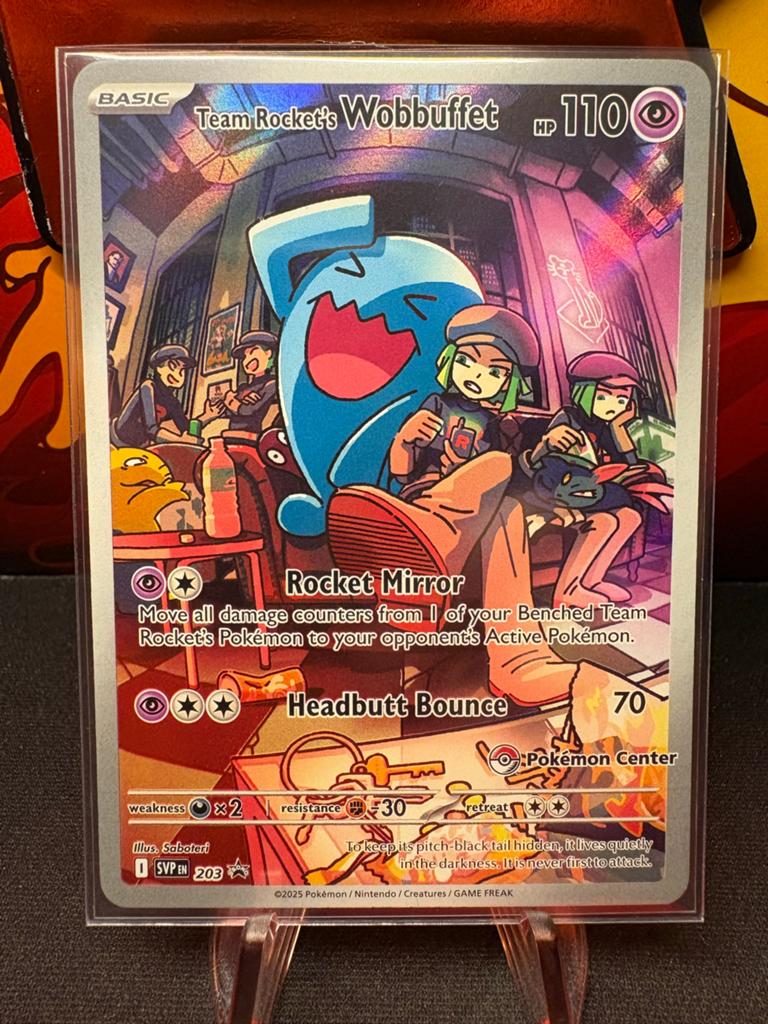 Team Rocket's Wobbuffet pokemon center stamped pokemon kaart, Ophalen of Verzenden, Zo goed als nieuw, Losse kaart, Foil