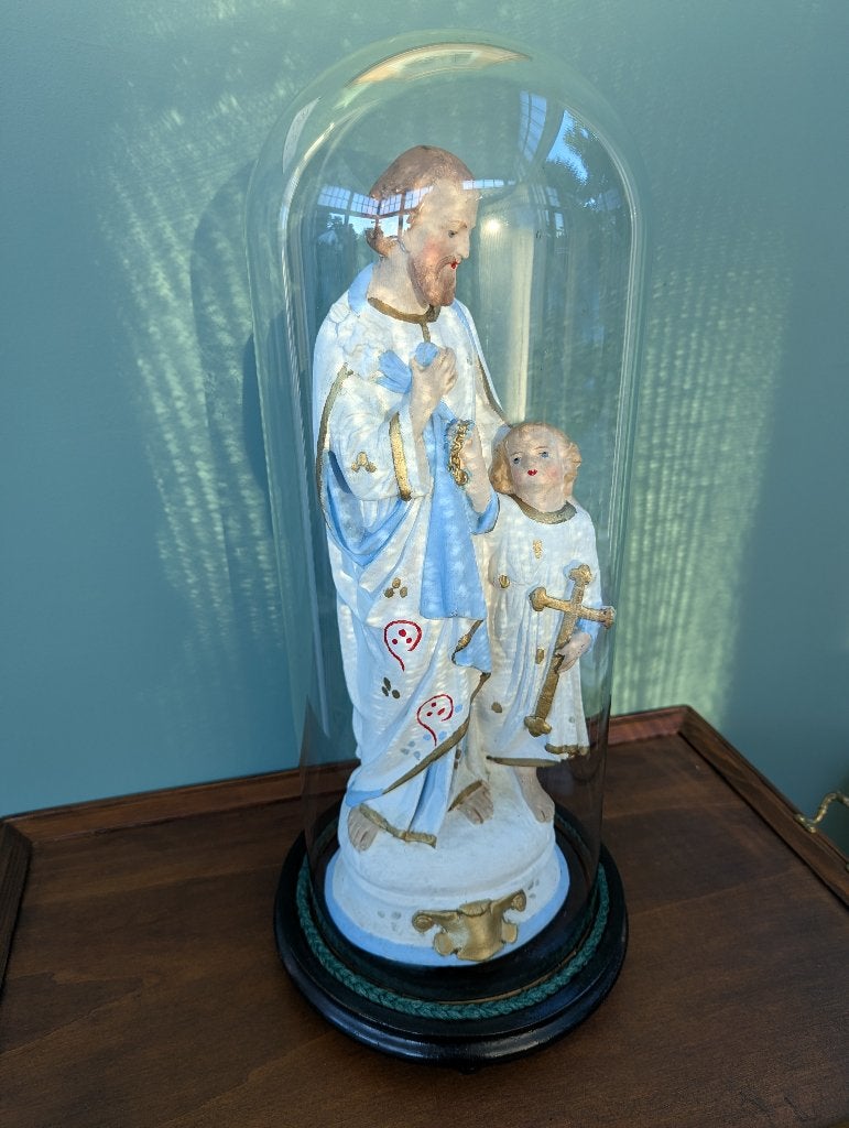 Antiek St. Jozef met Kind Jezus onder glazen stolp – ca 1900, Ophalen