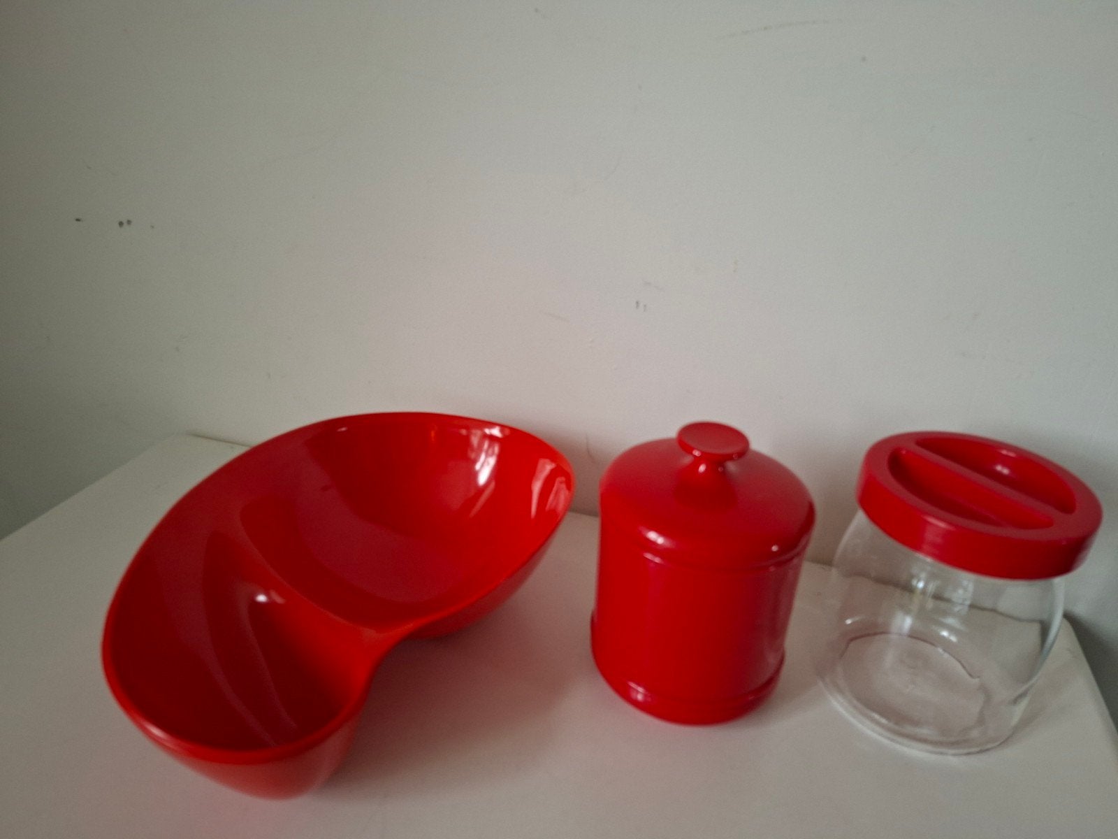 Rode Keukenaccessoires Set - serveerschaal, potten, Gebruikt, Kunststof, Ophalen of Verzenden, Voorraadpot