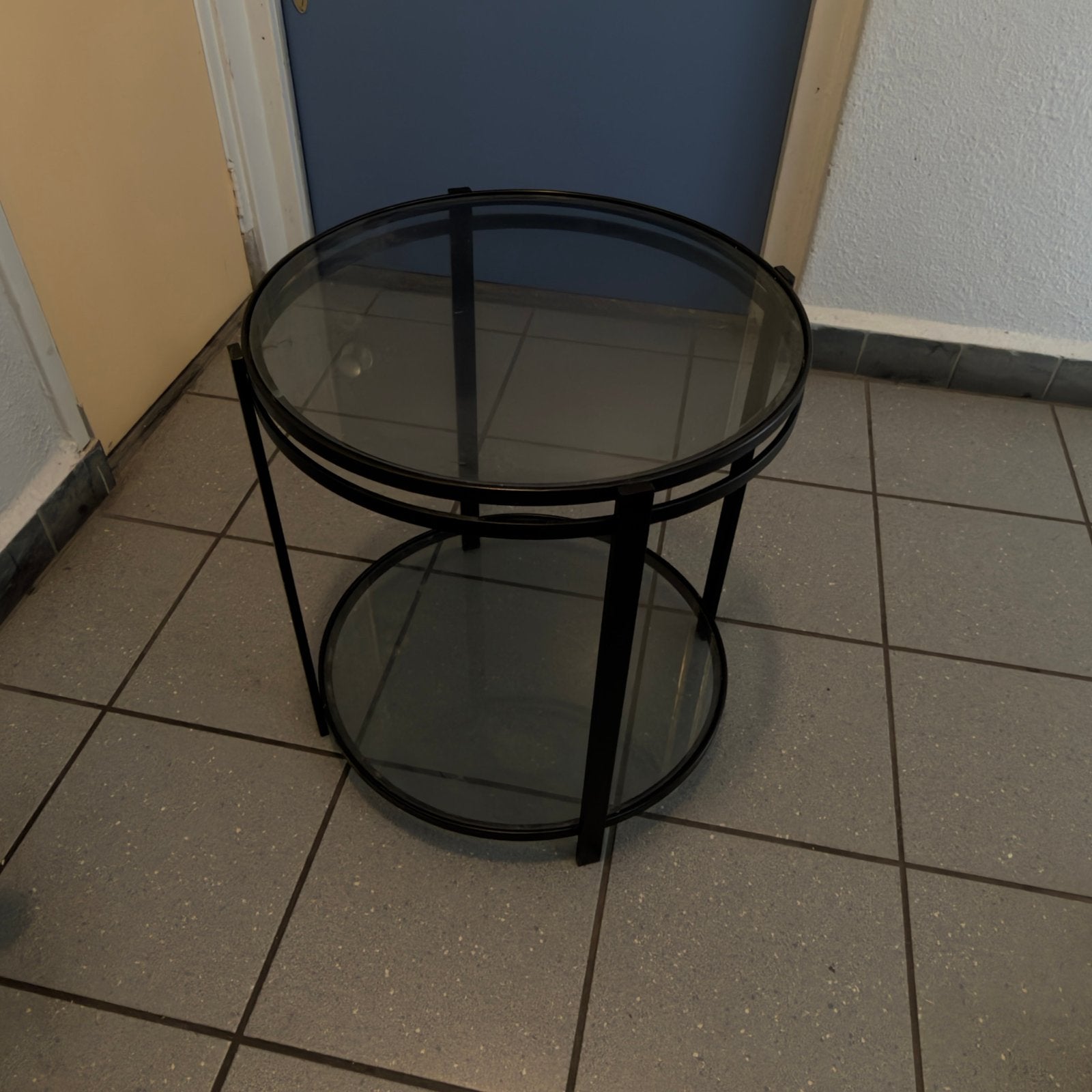 Moderne salontafel met glazen bladen - 48x50 cm, Ophalen, Minder dan 50 cm, Gebruikt, Rond