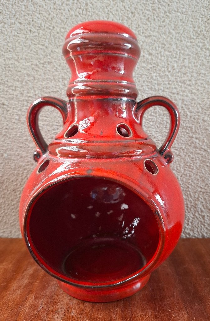 Vintage seventies rood keramieken windlicht (blikvanger!), Vintage, Ophalen of Verzenden, Zo goed als nieuw, Rood