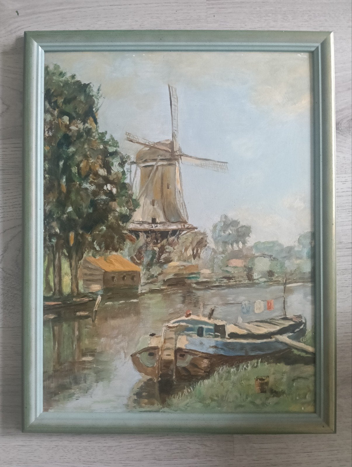 Polderlandschap met molen en rustende bootje, Ophalen of Verzenden, Impressionistisch, Olieverf, Landschap