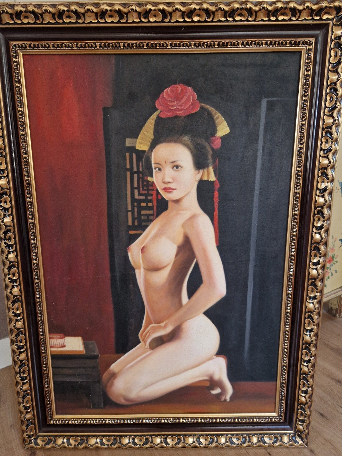 Olieverfschilderij naakte vrouw in Chinese stijl, Antiek en Kunst, Doek, Portret of Personen, Ophalen of Verzenden, Olieverf