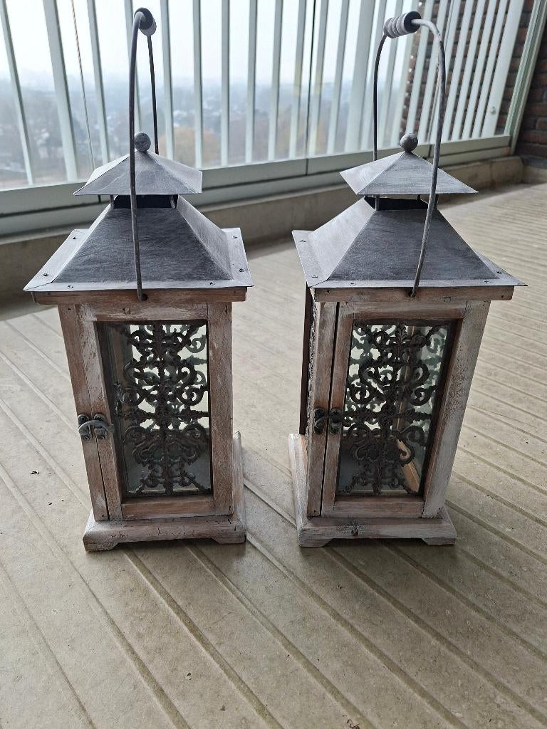 set van 2 houten Lantaarns, Huis en Inrichting, Ophalen, Gebruikt, Hout, Kaars