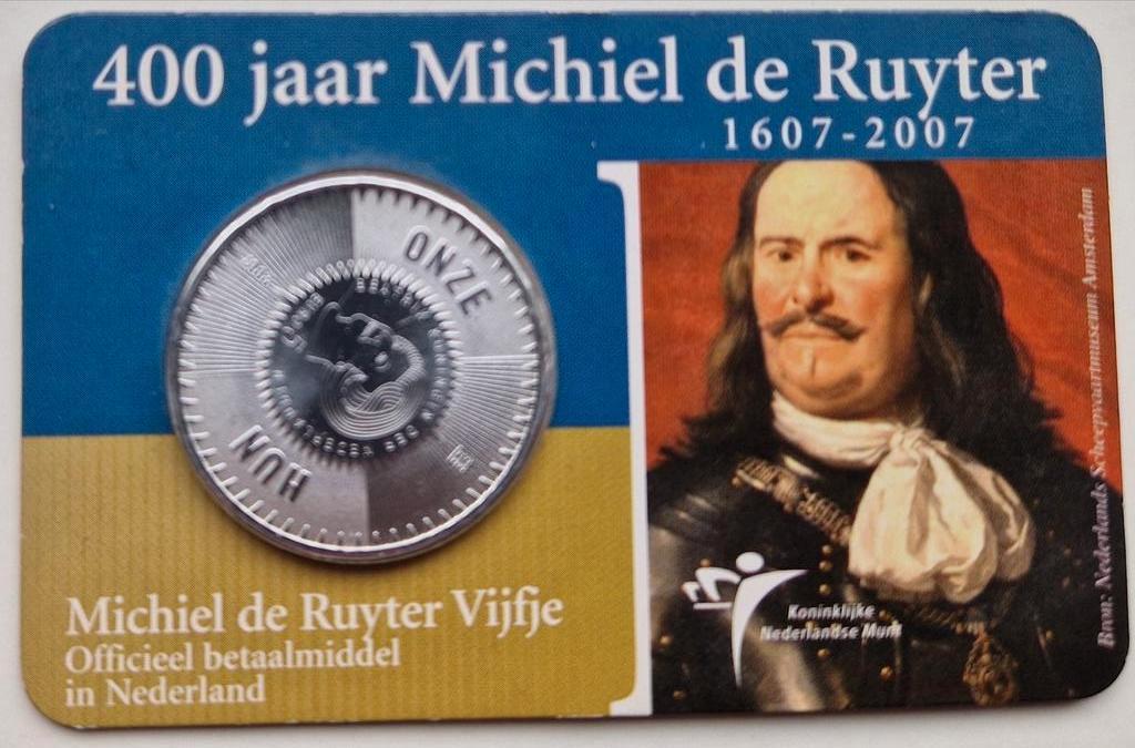 Het Michiel de Ruyter vijfje 2007 UNC Coincard, Koningin Beatrix, Zilver, Euro's, Ophalen of Verzenden