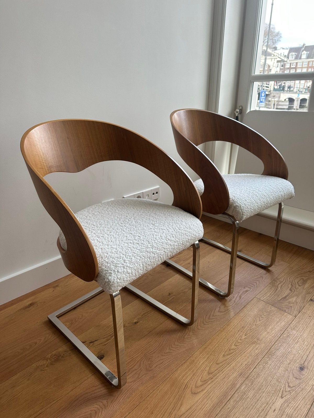 Bouclé eetkamerstoelen - nieuw gestoffeerd, Huis en Inrichting, Stoelen, Ophalen, Zo goed als nieuw, Blauw, Stof