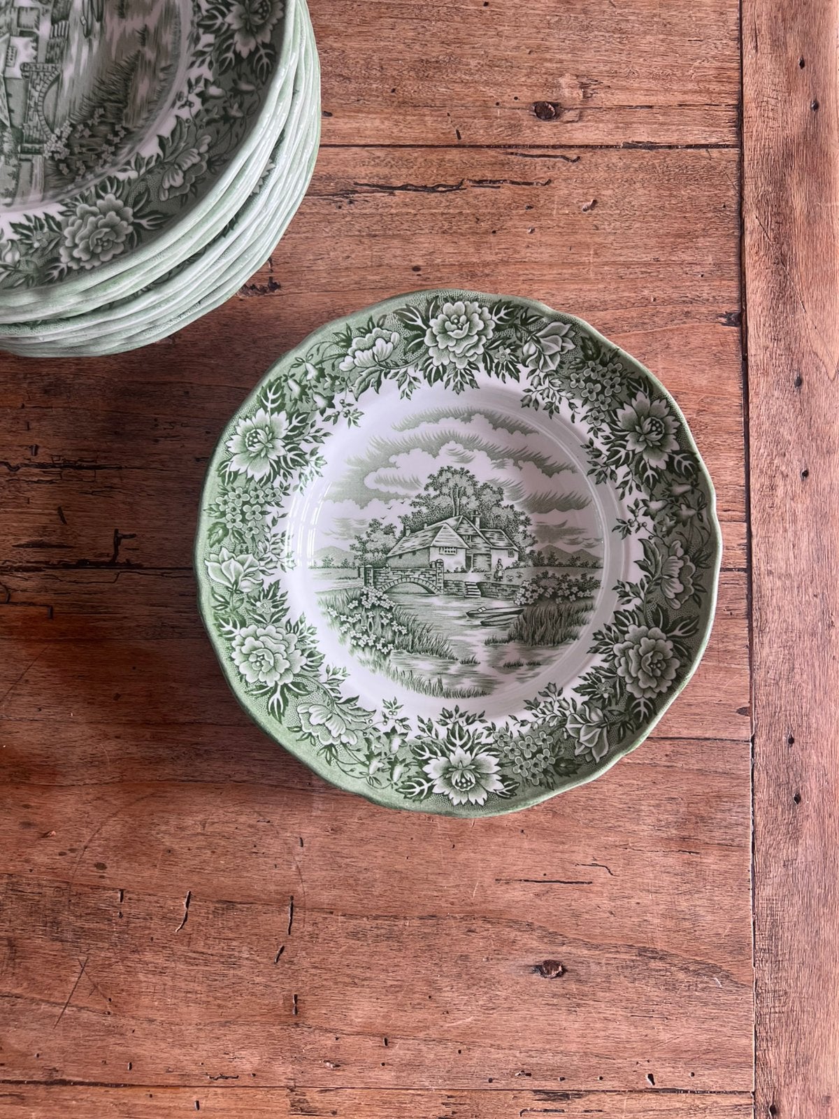 Vintage Engelse Ironstone Borden –Groen Transferware 6 stuks, Ophalen