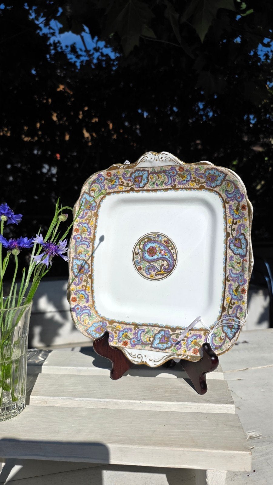 Vierkant vintage Engels bord met lila paisley patroon, Ophalen of Verzenden
