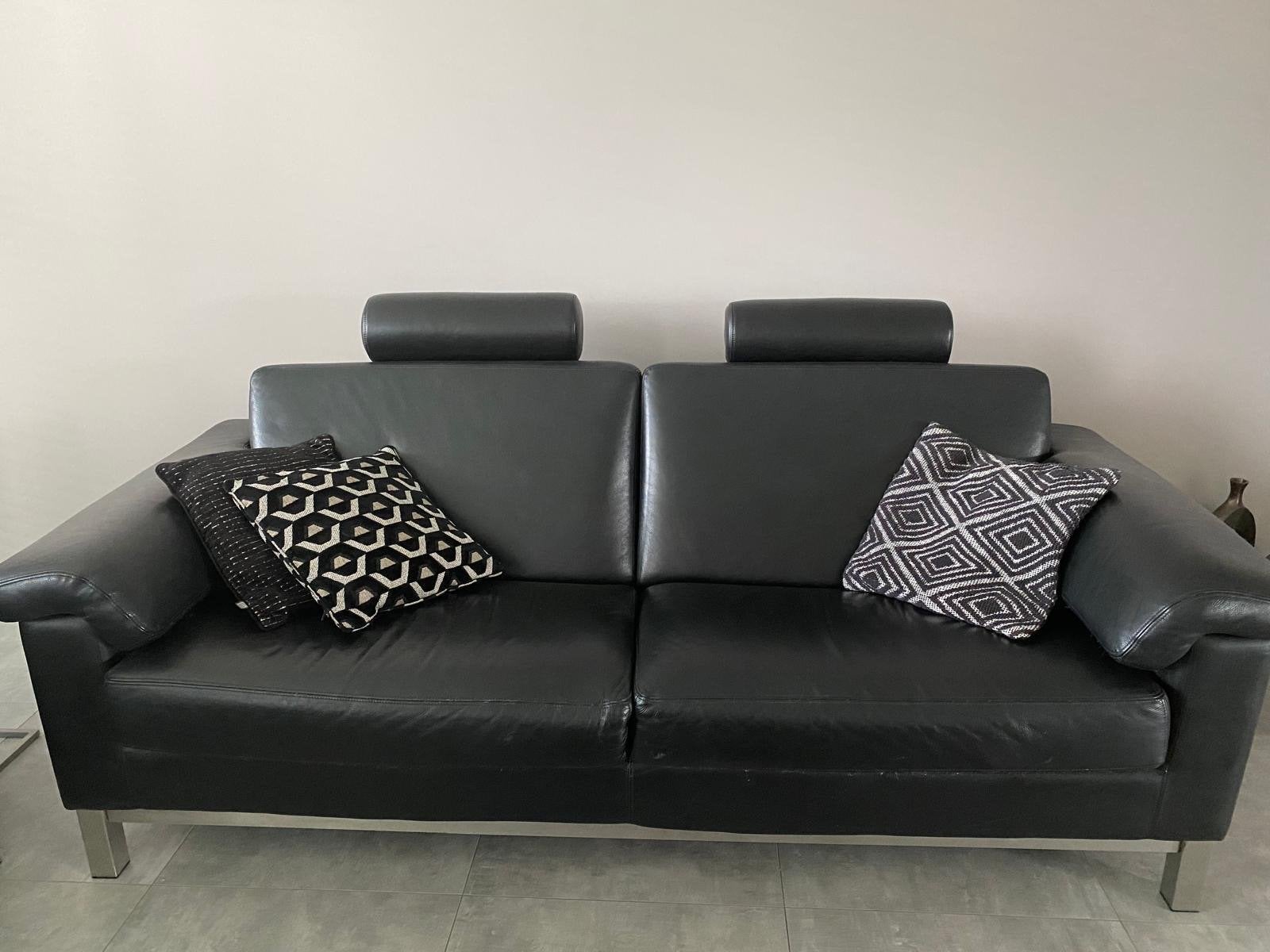 Set van 2 zwarte leren banken – 2,20 m & 1,80 m, Gebruikt, 150 tot 200 cm, Tweepersoons, Ophalen of Verzenden