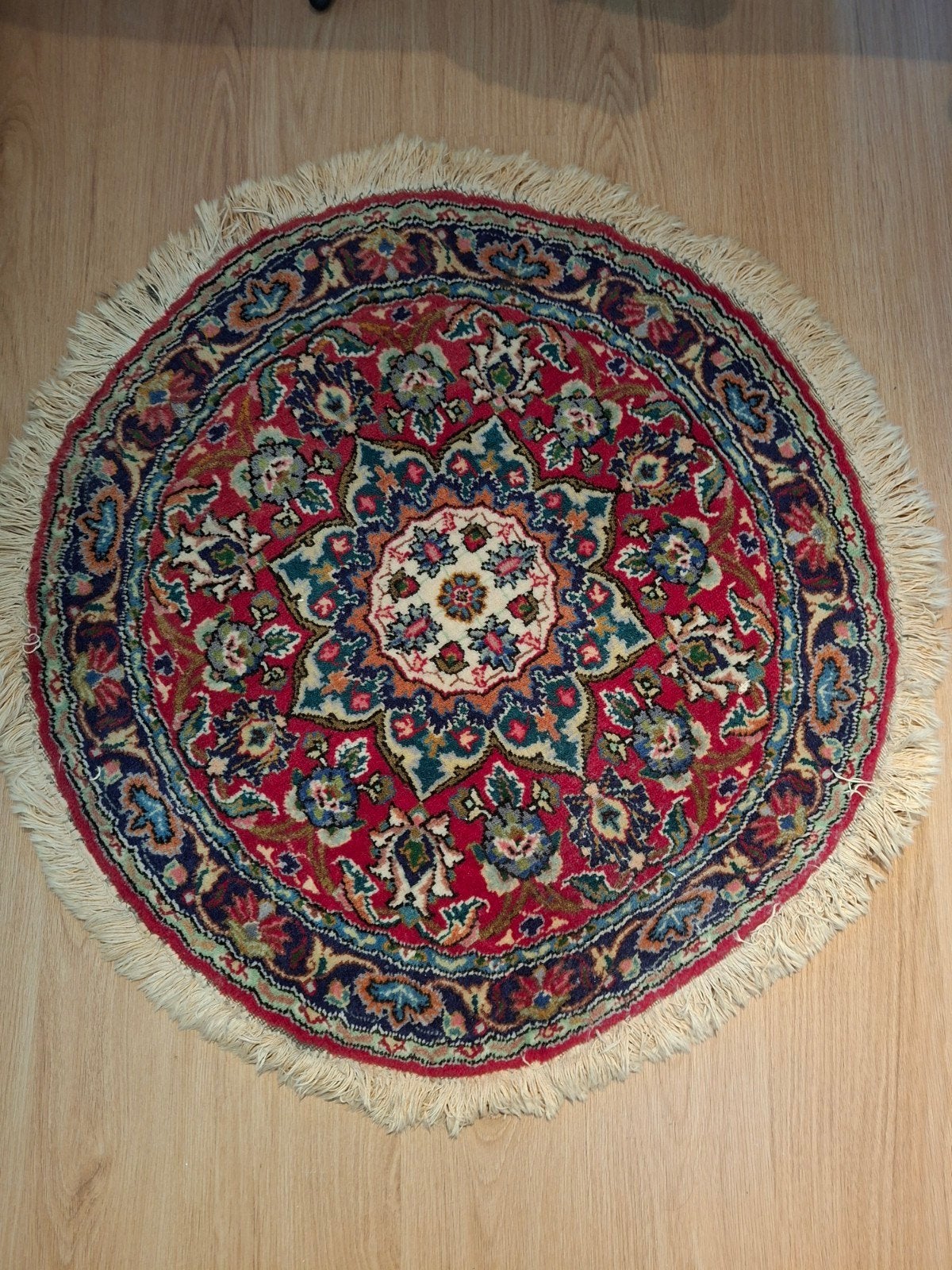 Vintage handgeknoopt rond tafel- of vloerkleed, Ø 100cm, Ophalen, Gebruikt, Rond, Groen
