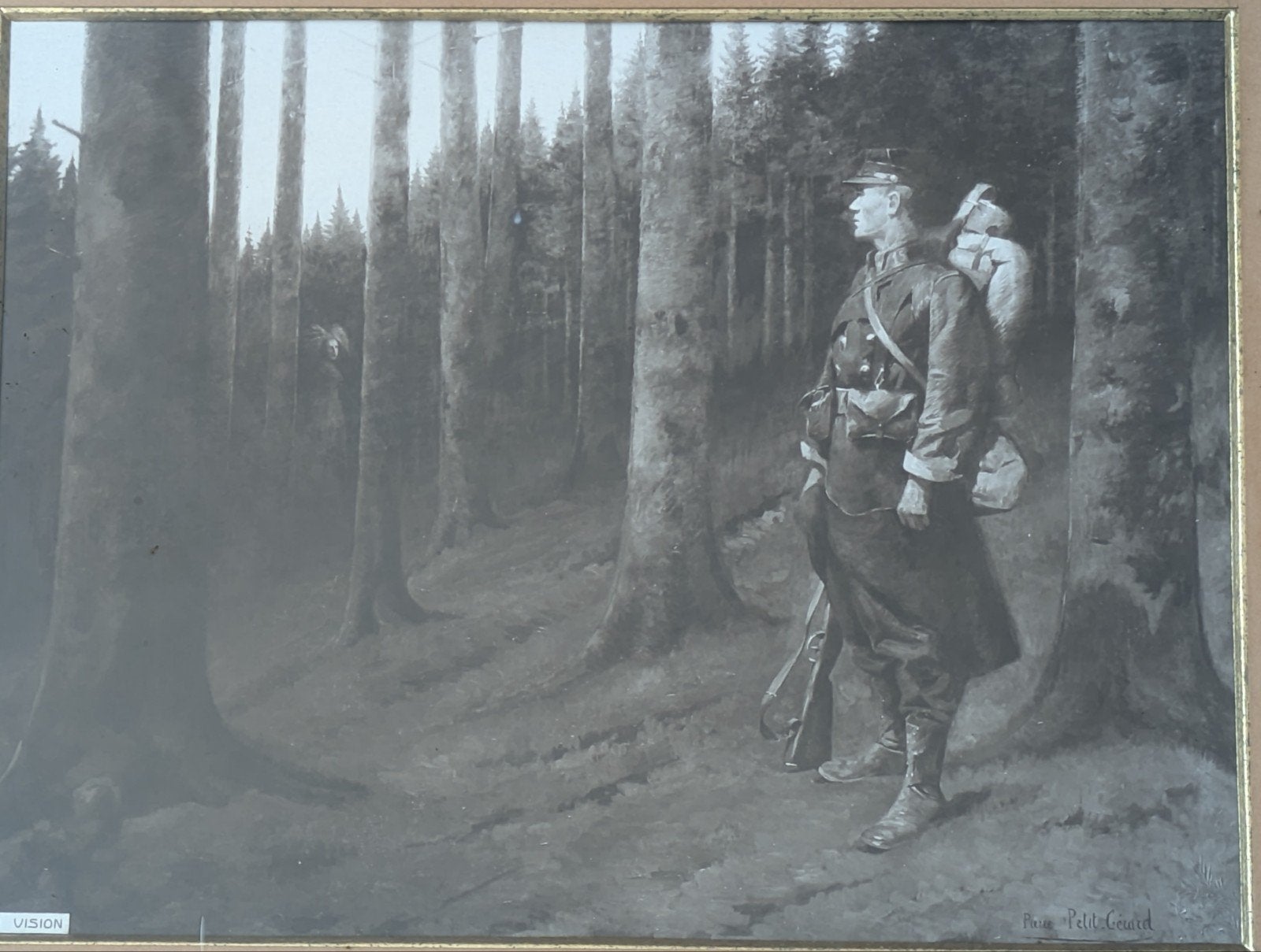 Tk mooie antieke prent "La Vision" van Pierre Petit-Gérard, Militair, Gravure, 1900 - 1949, Gesigneerd
