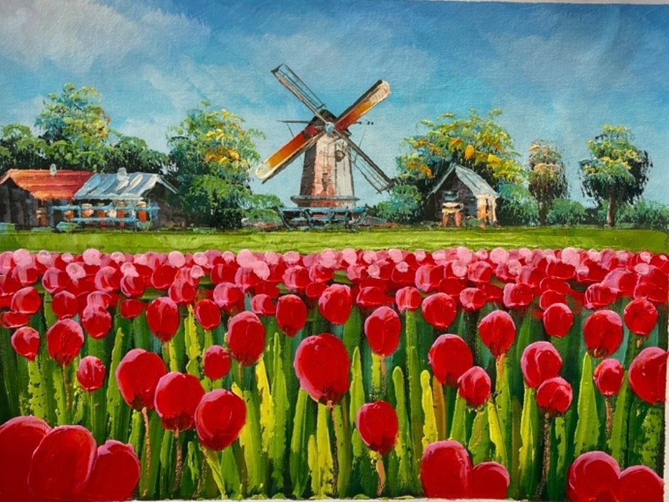 Schilderij Hollandse rode tulpen en molen - 50x60 cm, Landschap, Ophalen of Verzenden, Op houten frame, Olieverf