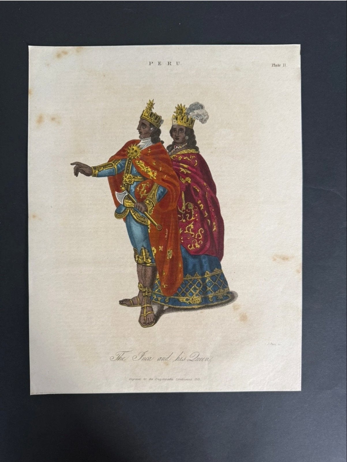 Antieke handgekleurde gravure: De Inca en zijn Koningin, Handgekleurd, 1800 - 1899, Portret, Ophalen of Verzenden