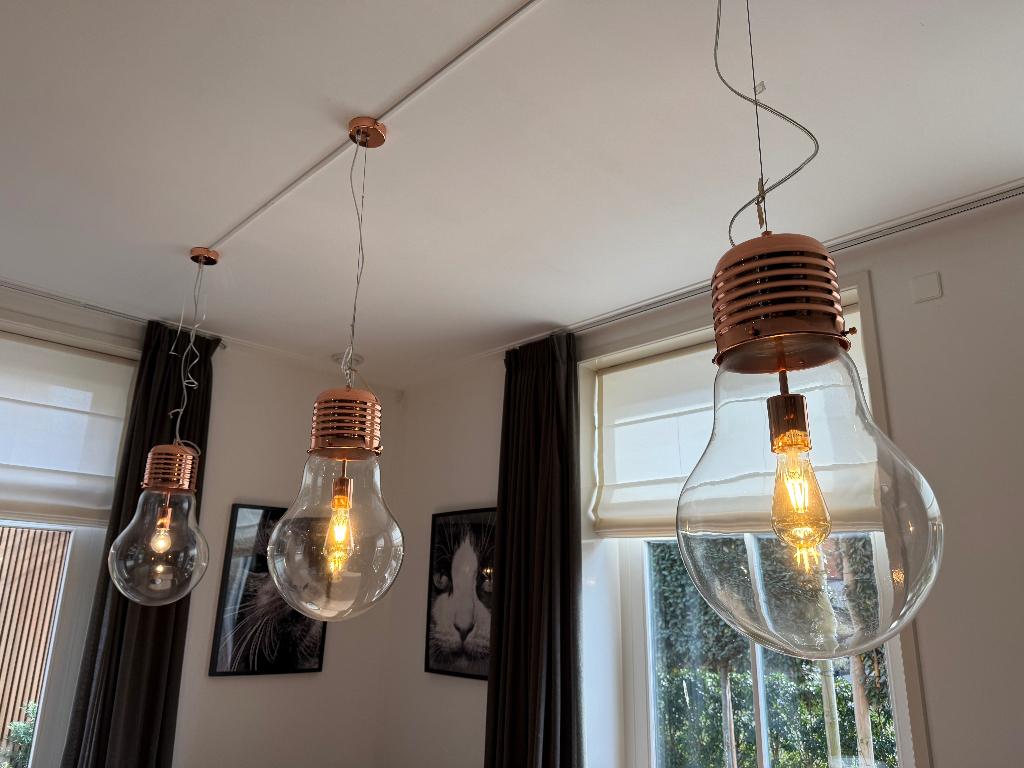 3 grote glazen lampen met koper van Eijerkamp, Ophalen, Zo goed als nieuw, Glas, Minder dan 50 cm
