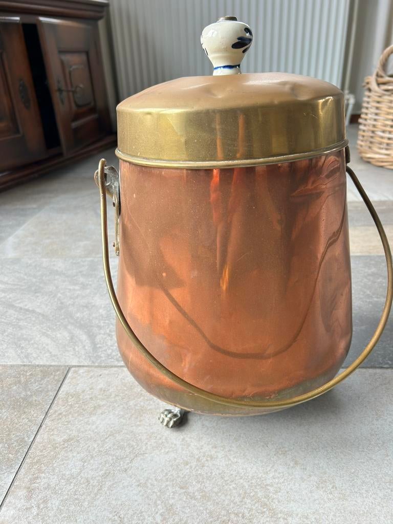 Koperen doofpot met delftsblauwe knop, Ophalen of Verzenden, Koper