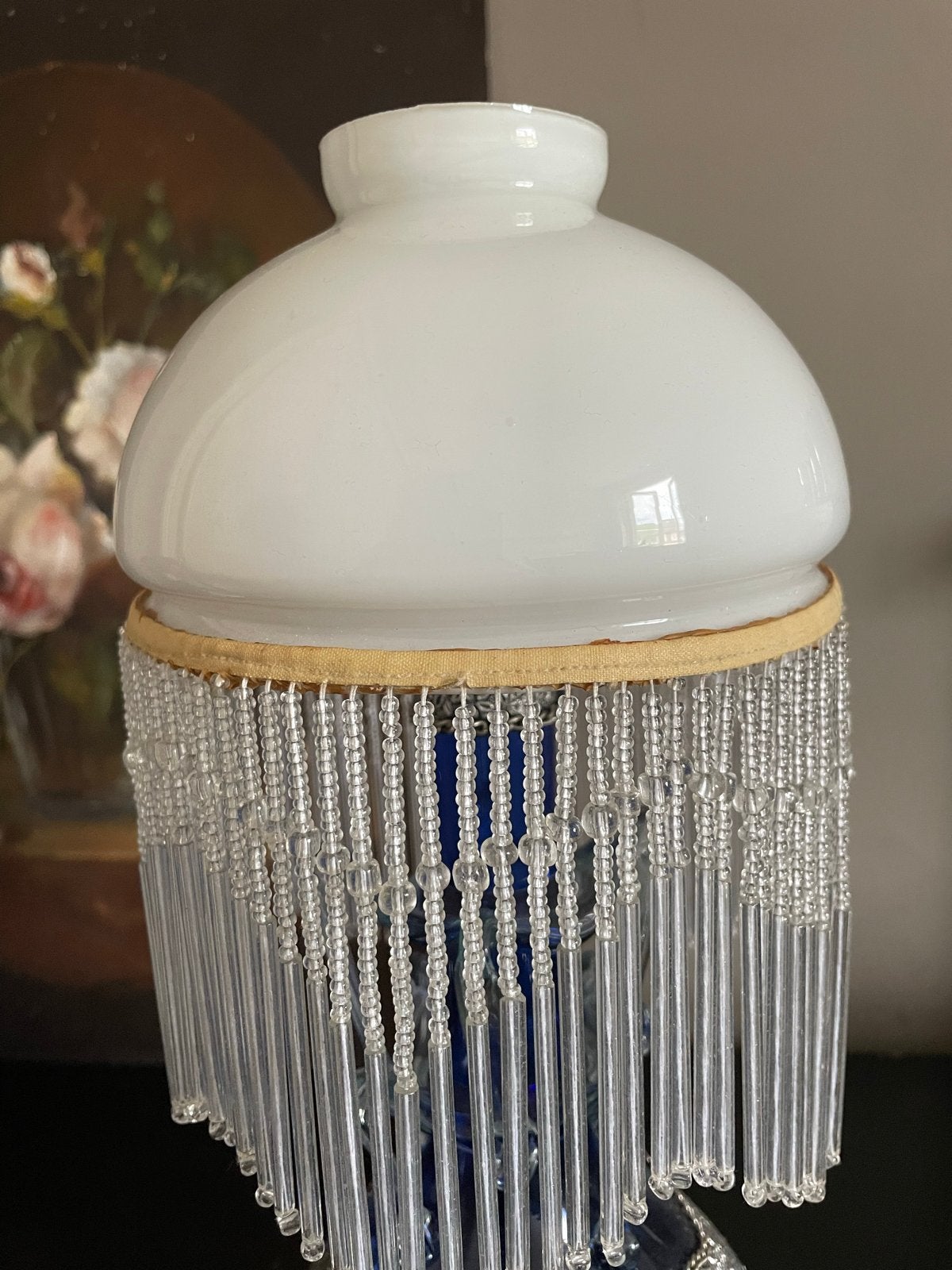 Vintage opaline glazen lampenkap met kralen franje, Ophalen of Verzenden