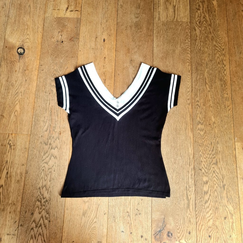Zwart-wit nautical/marine-stijl rock-'n-roll-top, Dancing Days by Banned, Zwart, Maat 42/44 (L), Ophalen of Verzenden