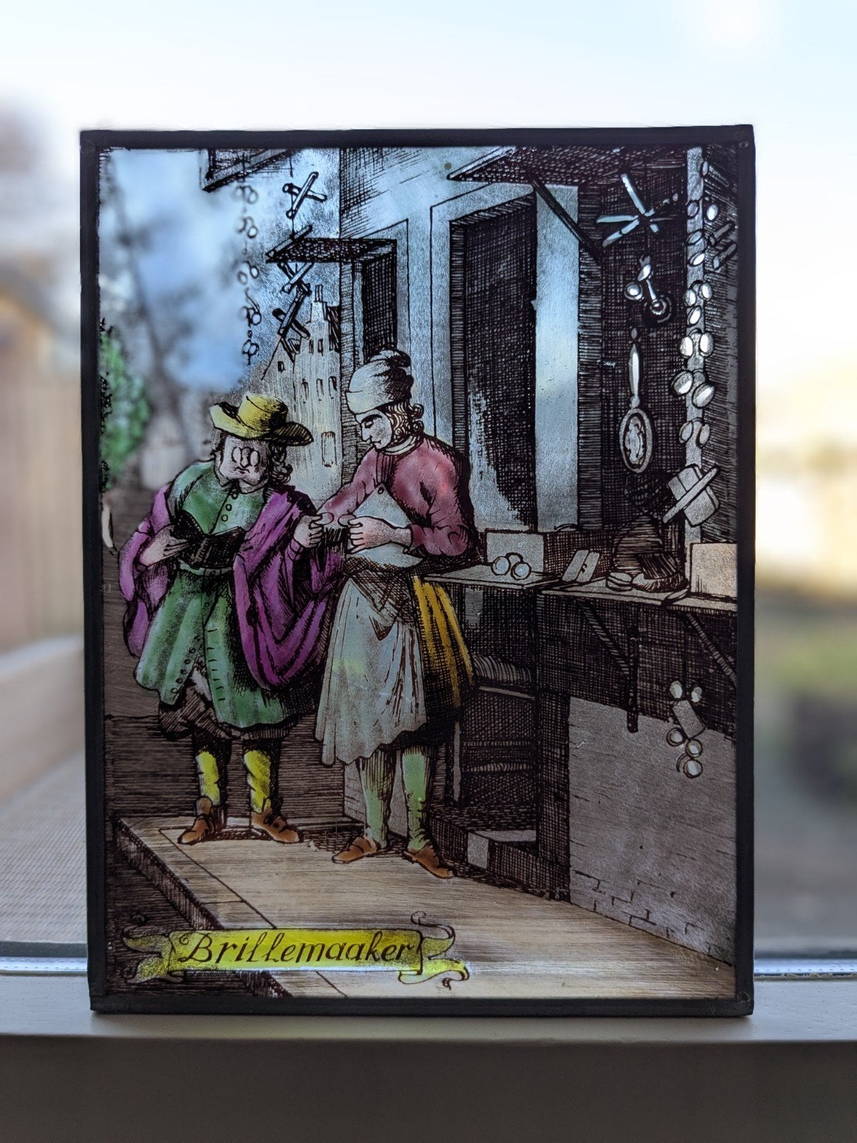 Raamdecoratie, glas in lood "Brillemaaker", Ophalen of Verzenden, Gebruikt