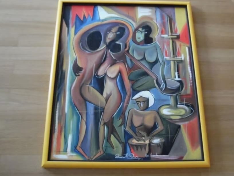 vintage naakt abstract op canvas kleurrijk 80er j., Ophalen, Oorspronkelijke maker, Zo goed als nieuw, Schilderij