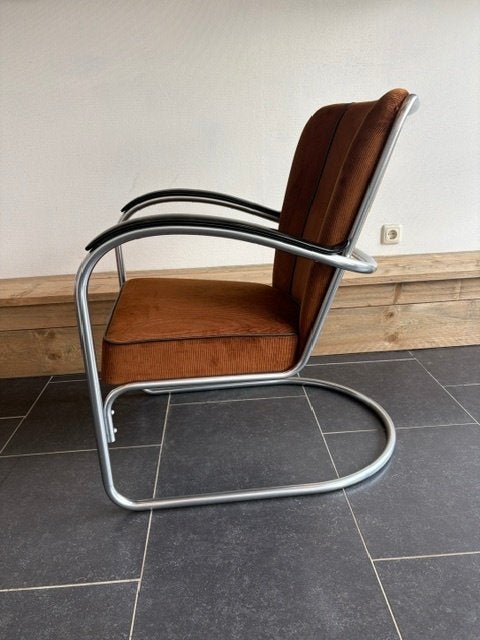 Gispen 412 fauteuil, zijdemat , nieuwe goudbruine ribstof, Huis en Inrichting, Fauteuils, Design, 75 tot 100 cm, Zo goed als nieuw
