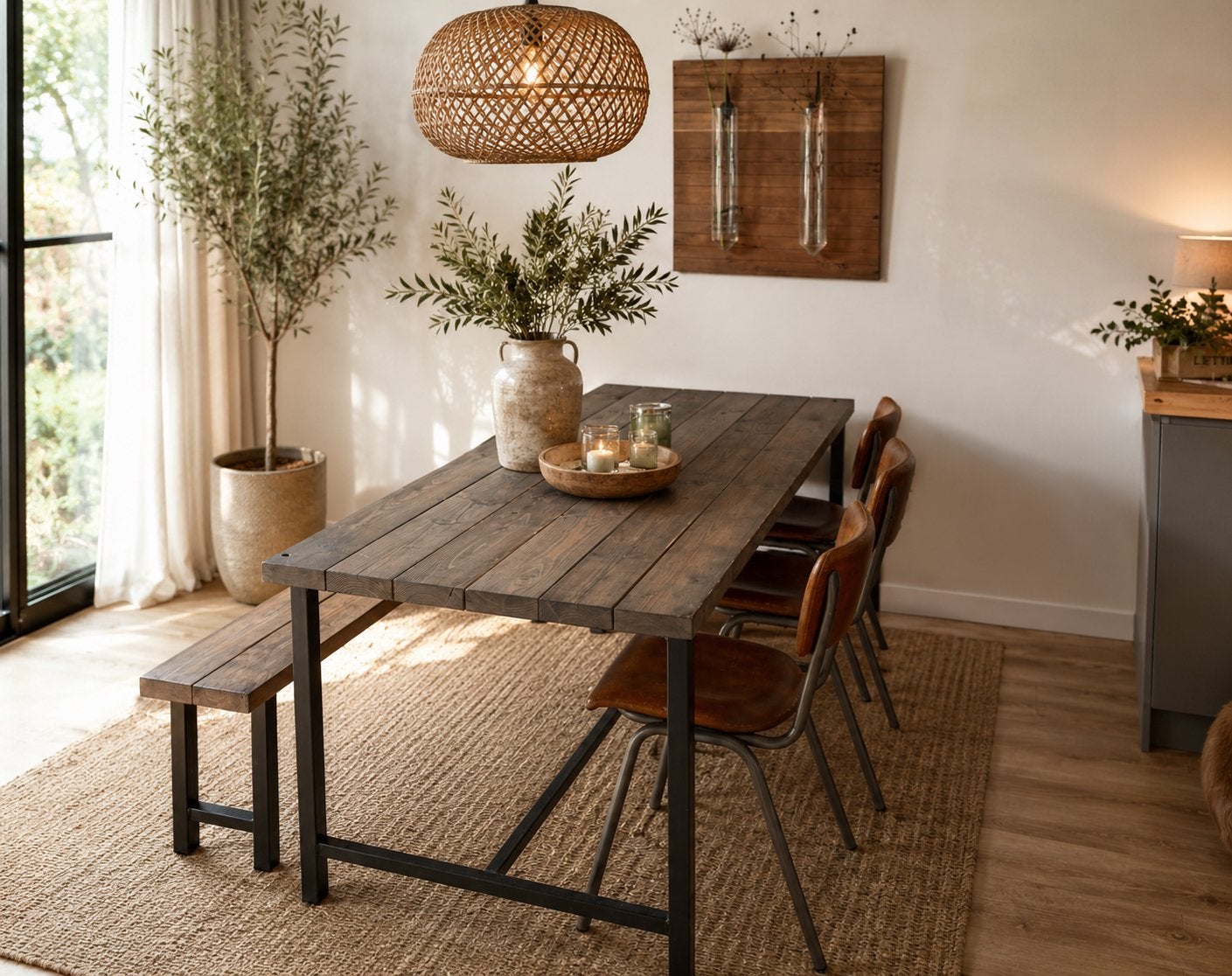 Eettafel met bankje en evt stoelen., Gebruikt, 200 cm of meer, 50 tot 100 cm, Vijf personen of meer