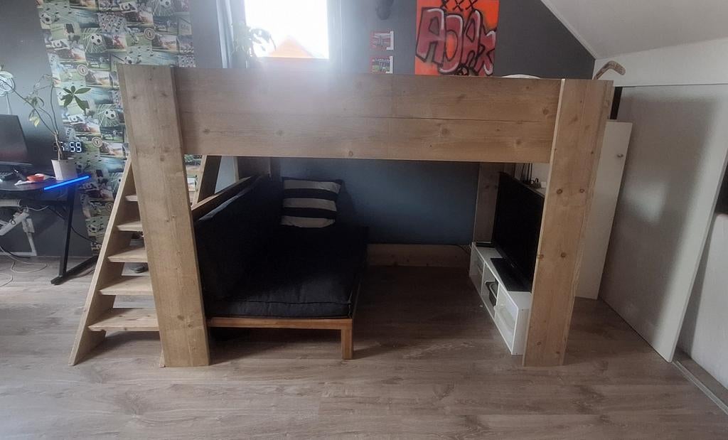 Hoogslaper steigerhout, Huis en Inrichting, Slaapkamer | Stapelbedden en Hoogslapers, Ophalen, Hoogslaper, Zo goed als nieuw, Twijfelaar