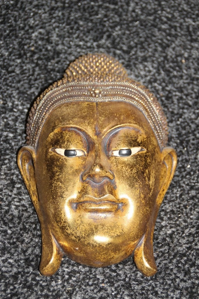 buddha hoofd wanddecoratie goudkleurig 22cm, Ophalen of Verzenden, Gebruikt, Religie