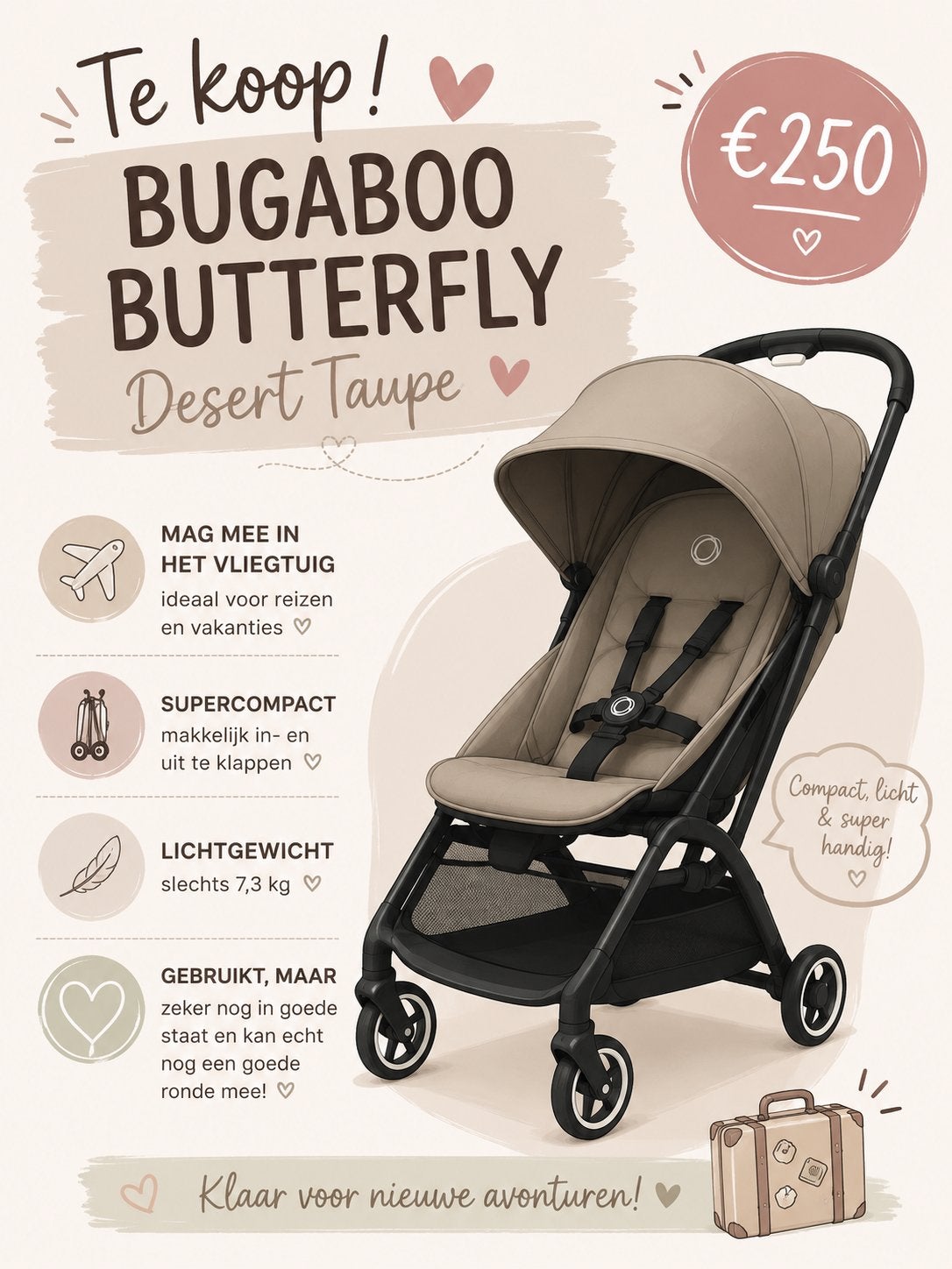 Bugaboo butterfly 1 desert taupe, Kinderen en Baby's, Buggy's, Ophalen, Gebruikt