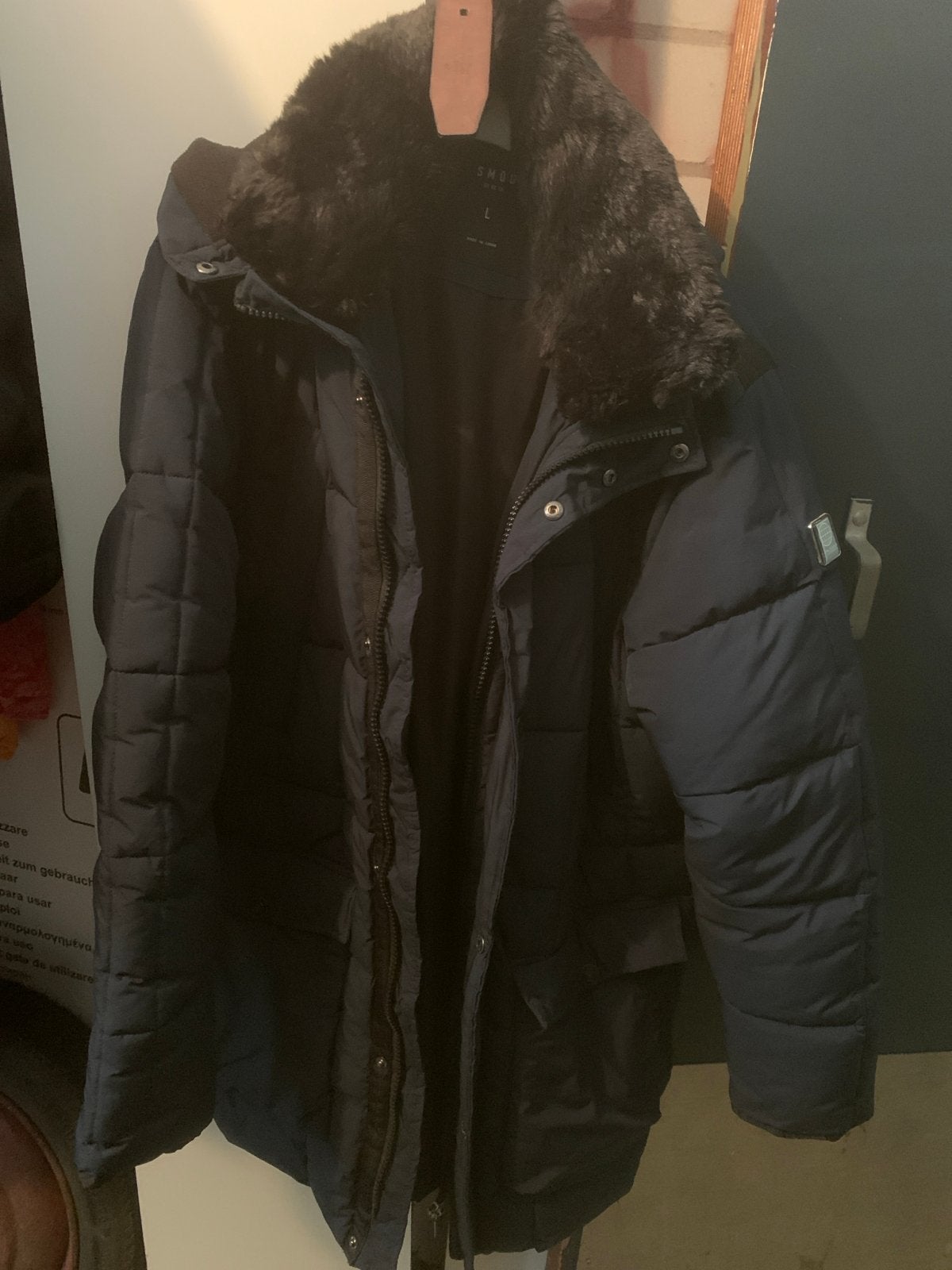 Heren winterjas met bontkraag - Maat L, Ophalen of Verzenden, Zo goed als nieuw, Maat 52/54 (L), Blauw