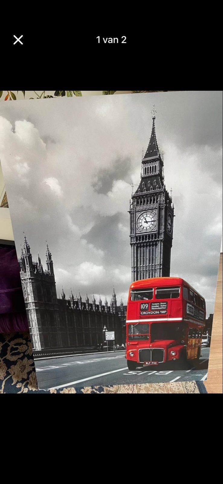 Canvas schilderij Londen Big Ben bus 90x60cm Ophalen, Ophalen, Gebruikt, Schilderij, 75 cm of meer