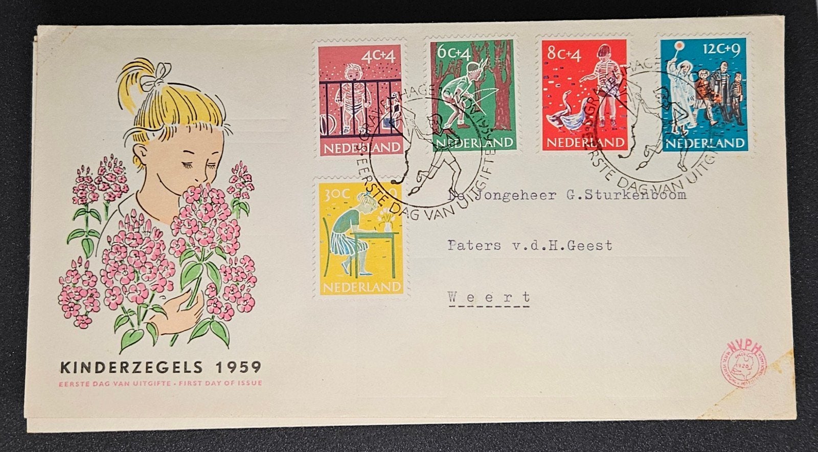FDC Kinderzegels 1959 (NVPH 731-735) - Geadresseerd Weert, Verzenden, Beschreven, Nederland
